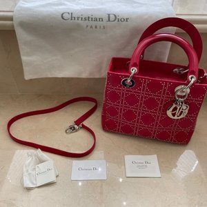 RARE! CHRISTIAN DIOR Cannage Studded Lady Dior RED